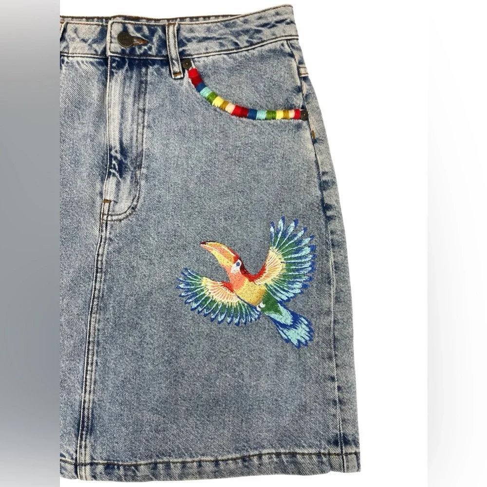 NWT Farm Rio Embroidered Denim Mini Skirt Tropical Colorful Boho Vacation Beach - Picture 2 of 13